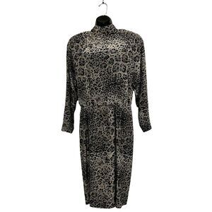 NWT Vtg 80's Black Gray Cheetah 100% Silk Mock Neck Long Sleeve Maxi Dress 12